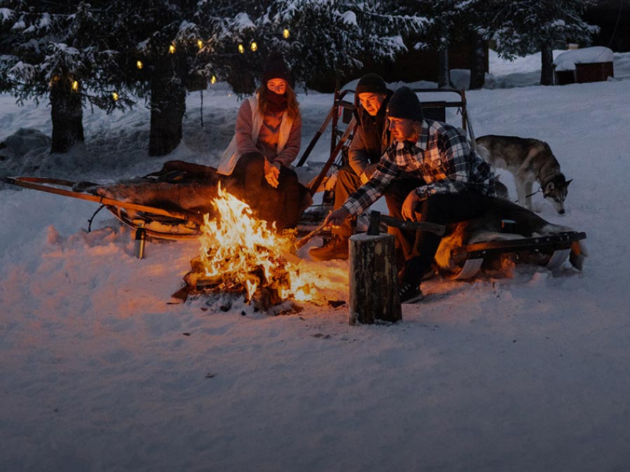 People around a campfire in the snow